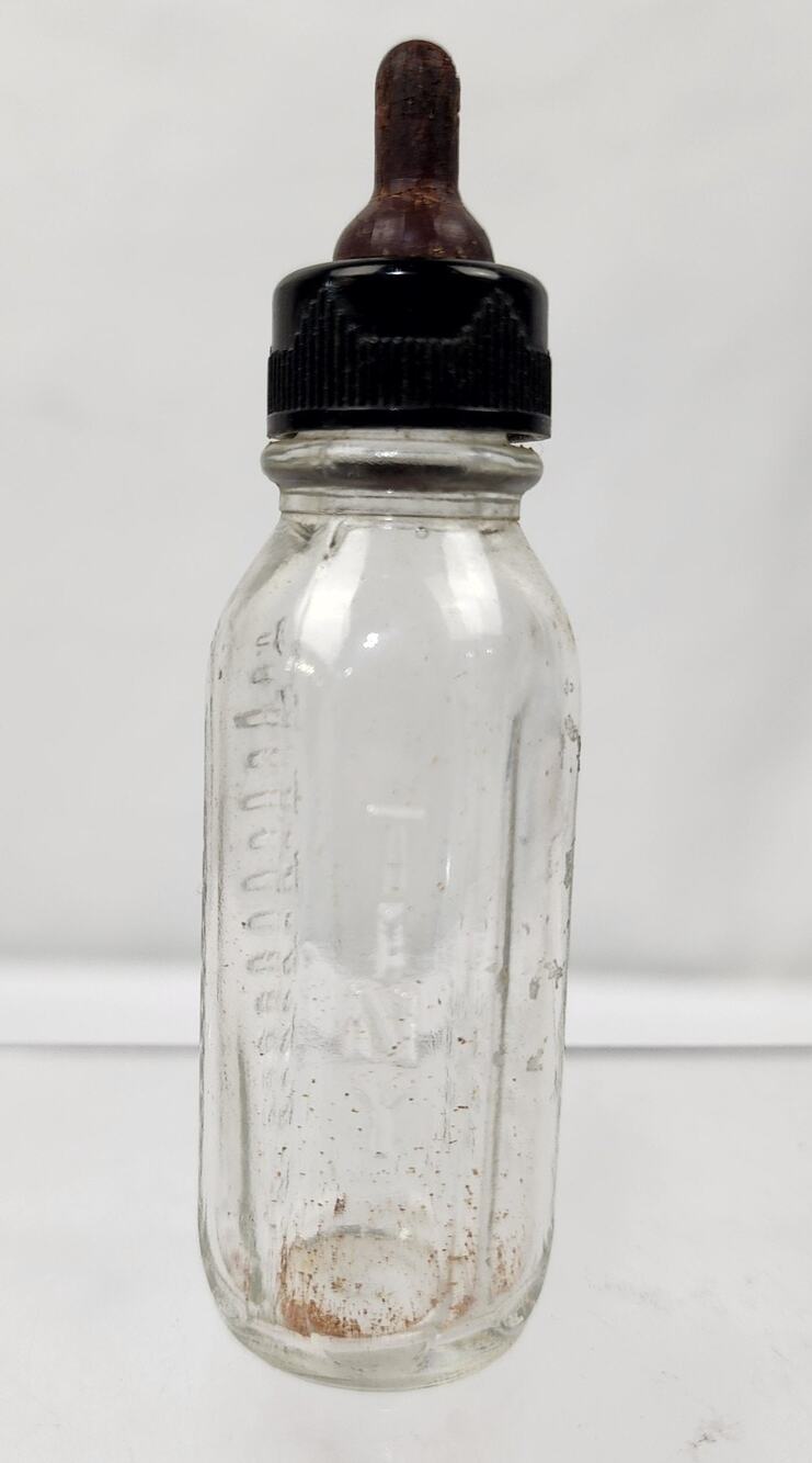 1930's Mae Marie Tiny Flo Doll Miniature 3" Toy Clear Glass Baby Bottle w/Nipple